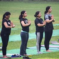 New Delhi, India, June 18 2022 - Group Yoga exercise class for people of different age in Lodhi Garden Park. International Day of Yoga, Big group of adults attending a yoga class outside in park photo