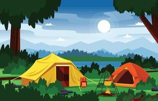 campamento de verano tienda al aire libre lago naturaleza aventuras vacaciones vector