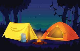 vacaciones noche campamento tienda al aire libre aventura naturaleza paisaje vector