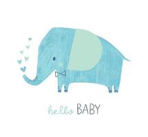 Elephant baby shower card. Cute boy animal character. Elephant with bow tie. Vector illustration for invitations greeting cards, apparel. Hello Baby.