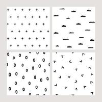 Collection of simple abstract vector pattern. Cute geometric seamless backgrounds in scandinavian style. Clouds, cross, plus sign, triangle, dots.