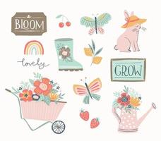 Spring and summer gardening set, hand drawn elements- calligraphy, flowers, wheelbarrow, watering can and other. Perfect for web, card, poster, cover, tag, invitation, stickers. Vector illustration.