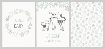 Set of cute baby shower cards and jungle pattern with tiger, tropical leaves, wreath and hand lettered phrases - hello baby, welcome wild one. For invitations, greeting cards, posters vector