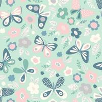 Seamless pattern with butterflies and flowers. Spring vector illustration in delicate, subtle colors. Feminine background, print for fabric.