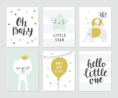 Baby shower vector card designs. Set of cute illustrations, elephants, bear, star, balloon, modern brush calligraphy phrases - oh baby, hello little one. Invitations, greeting card, posters.