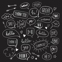 Hand drawn vector speech bubbles with hi, hello, thank you and many more in doodle style with cute arrows, hearts and stars.