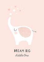 Cute elephant and stars Dream Big Little One nursery poster. Printable art for kids. Baby girl illustration in pink. vector