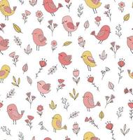 Floral vector pattern with birds. Cute doodle birds and flowers. Spring seamless background.