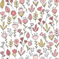 Doodle floral pattern. Vector seamless background with flowers and leaves. Cute feminine repeating design.