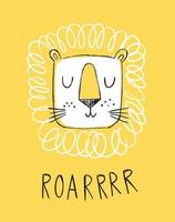 Lion hand drawn illustration vector in doodle style. Cute lion head with word roar. Kids, baby design for cards, poster, nursery wall art, clothing. Scandinavian style.