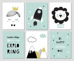 Set of posters for boys room or nursery in scandinavian style. Cute hand drawn illustration for print, baby shower invitation, greeting card. Prince, Lion, Mountains, space rocket, Explorer. vector