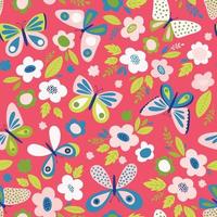 Butterflies and flowers pattern. Floral vector spring feminine seamless background with freehand drawings.