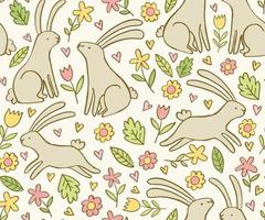 Cute hand drawn pattern with bunnies and flowers. Doodle floral spring vector pattern with rabbits. Easter design.