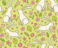 Easter pattern with cute rabbits and flowers. Doodle floral spring vector seamless background.