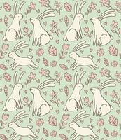 Delicate spring vector pattern with rabbits and flowers. Cute bunnies seamless background in doodle style.