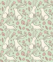 Delicate spring vector pattern with rabbits and flowers. Cute bunnies seamless background in doodle style.