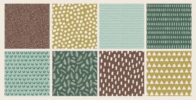 Set of hand drawn vector abstract doodle patterns winter, earthy tones. Seamless doodle backgrounds with  dots, branches, brush strokes, triangles.