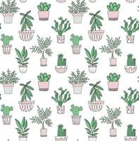 Potted plants vector pattern in doodle scandinavian style. Succulents, cacti and other house plants in geometric pots. Seamless background.