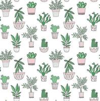 Potted plants vector pattern in doodle scandinavian style. Succulents, cacti and other house plants in geometric pots. Seamless background.