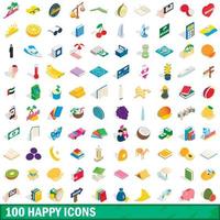 100 iconos felices, estilo isométrico 3d vector