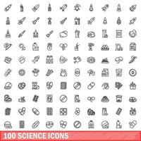 100 science icons set, outline style vector