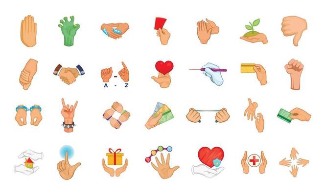 Hand object icon set, cartoon style