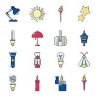 Light source icons set, cartoon style vector