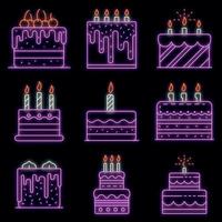 Cake birthday icons set vector neon