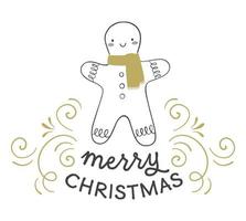 Cute Merry Christmas card design with script lettering, gingerbread man cookie and decorative swirls. Handwritten Christmas calligraphy. Greeting card design, label, emblem, tag. vector