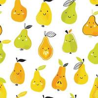 Funny pear vector pattern. Seamless background with colorful summer fruits with faces.