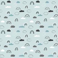 Rainy day doodle pattern. Vector seamless background with hand drawn rainbows and clouds.