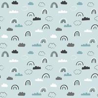 Rainy day doodle pattern. Vector seamless background with hand drawn rainbows and clouds.