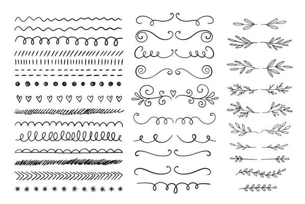 Hand drawn vector dividers. Lines, borders and laurels set. Doodle design elements.