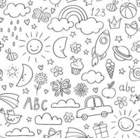 Kids doodle pattern. Childrens pattern in black and white. Baby and children related objects and design elements. Seamless vector background.