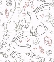 Doodle bunnies, flowers and hearts vector pattern. Spring seamless background in doodle linear style.