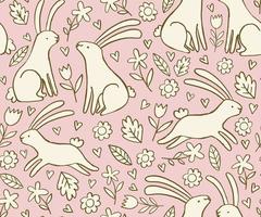 Hand drawn pattern with rabbits and flowers. Doodle floral spring vector pattern with rabbits and flowers.