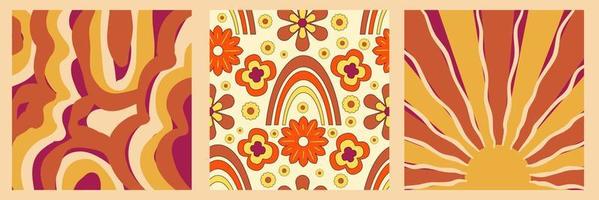 Groovy y2k retro pattern with flower and swirl 70s background. Daisy flower design. Abstract trendy colorful print. Vector illustration graphic. Vintage print. Psychedelic wallpaper