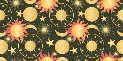 Celestial seamless pattern with sun, moon and stars. Magic astrology in boho vintage style. Mystical pagan golden sun with planets and moon phases. Vector illustration