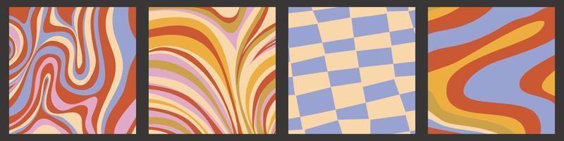 Psychedelic swirl, checkerboard groovy backround set. Psychedelic hippy retro wave wallpaper. Liquid groovy background. Vector design illustration