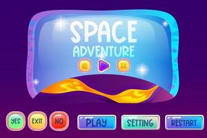 Space assets for ui game interface with screen, buttons and planet with lava. Buttons and screen for application. Cartoon vector illustration.