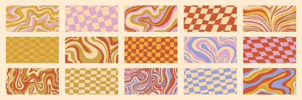 Groovy poster y2k retro background swirl, checkerboard set for print design. Spiral vector illustration. Psychedelic print. Vintage background. Cover, poster, wallpaper. 60s, 70s, hippie