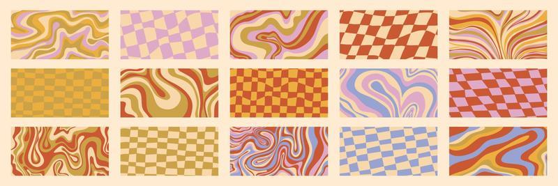 Groovy poster y2k retro background swirl, checkerboard set for print design. Spiral vector illustration. Psychedelic print. Vintage background. Cover, poster, wallpaper. 60s, 70s, hippie
