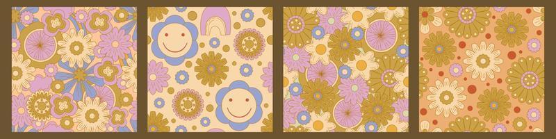 Groovy y2k retro seamless pattern with flower 70s background. Daisy flower design. Abstract trendy colorful print. Vector illustration graphic. Vintage print. Psychedelic wallpaper.