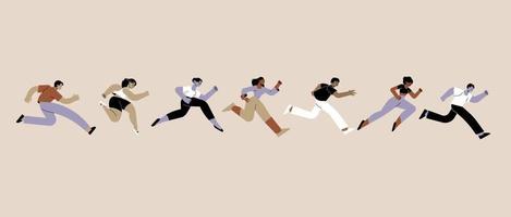 Set of people running. Concept of competition, run to success, career, challenge, marathon race, ambition, recreation and sport. Vector illustrations of active male and female.