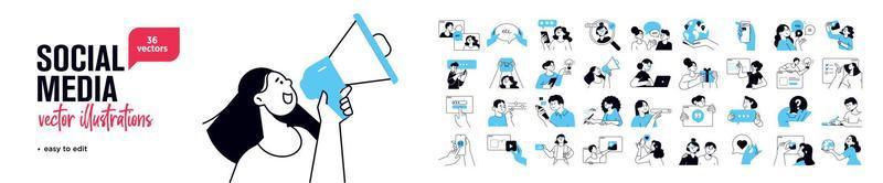 Social media concept illustrations. Set of people vector illustrations in various activities of social network, digital marketing, online communication, internet services.