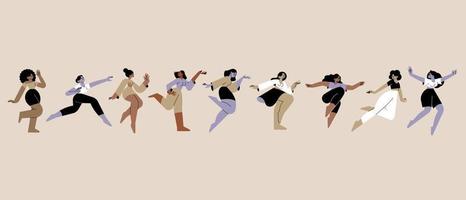 Women in different poses and movements, running, dancing, jumping, exercising. Vector illustrations of freedom, happiness, enjoyment of life for graphic and web design, marketing, beauty, fashion.