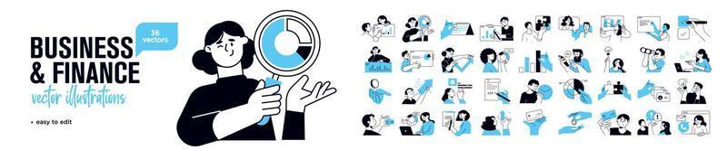 Business and marketing concept illustrations. Set of people vector illustrations in various activities of business, management, payment, market research and data analysis, communication.