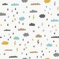 Rain vector seamless pattern with clouds, rain drops, lightning, stars. Sky vector background in blue, yellow, brown and black. Hipster scandinavian style print design.