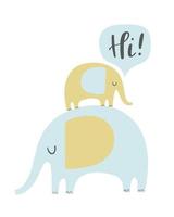 Cute vector elephants illustration with speech bubble saying hi. Big and small elephant on top of each other. Baby animal character. Baby shower card,  invitation.