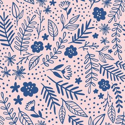 Girly floral vector pattern. Hand drawn modern graphic flowers and leaves seamless background.
